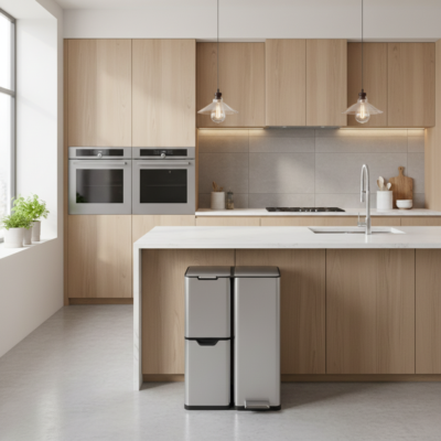 Cubo de reciclaje metálico cromado de 3 compartimentos para cocina en Mas Masiá Valencia