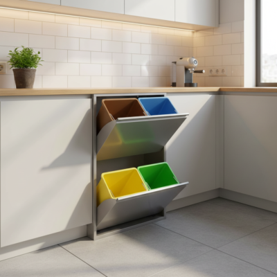 Cubo de reciclaje metálico gris de 4 puertas para gestión de residuos en el hogar