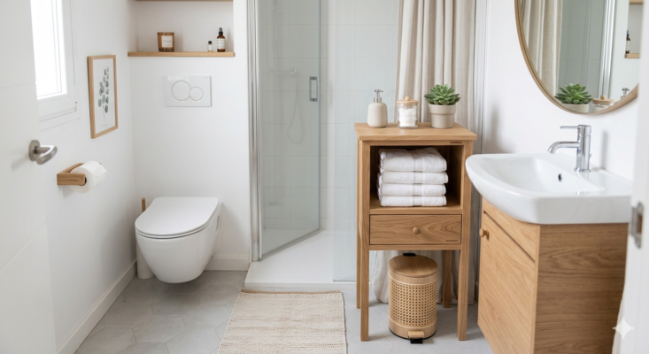 Baño pequeño organizado con almacenaje auxiliar