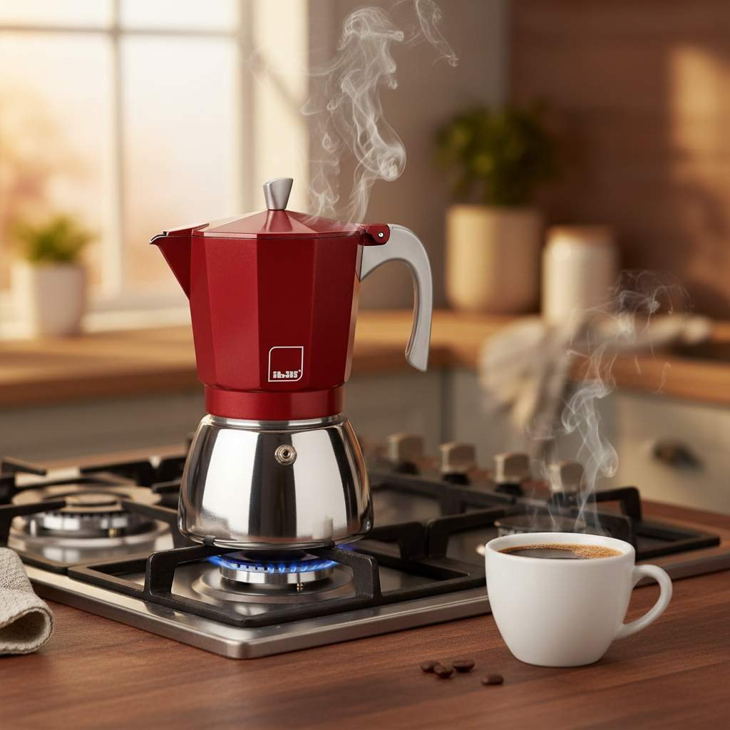 cafetera italiana preparando café en cocina con taza de espresso