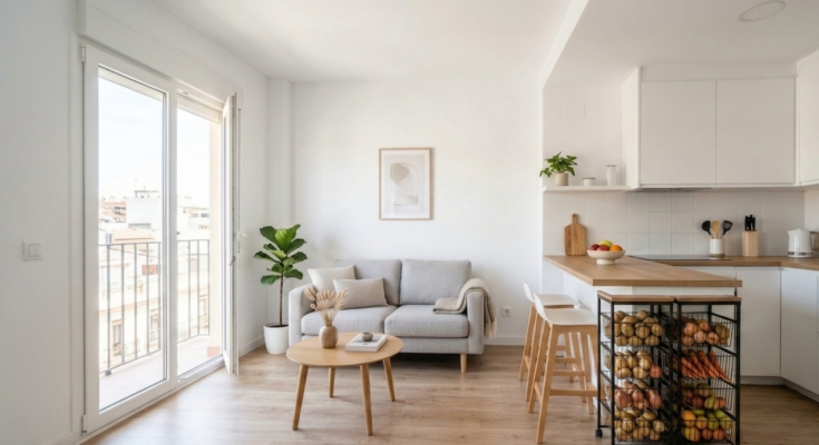 Encimera despejada en un piso pequeño bien organizado