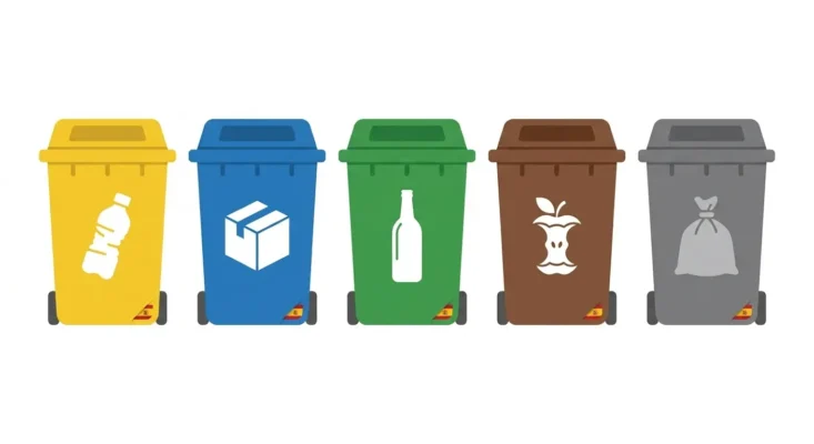 colores de los contenedores de reciclaje en España: amarillo, azul, verde, marrón, gris