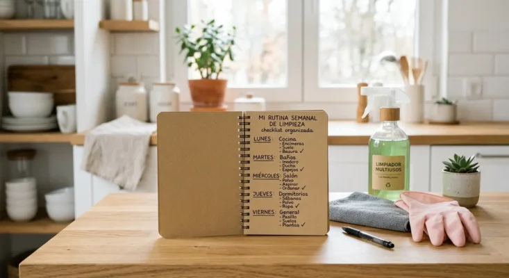 libreta abierta mostrando una lista de tareas de limpieza