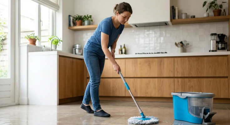persona fregando el suelo de una cocina moderna